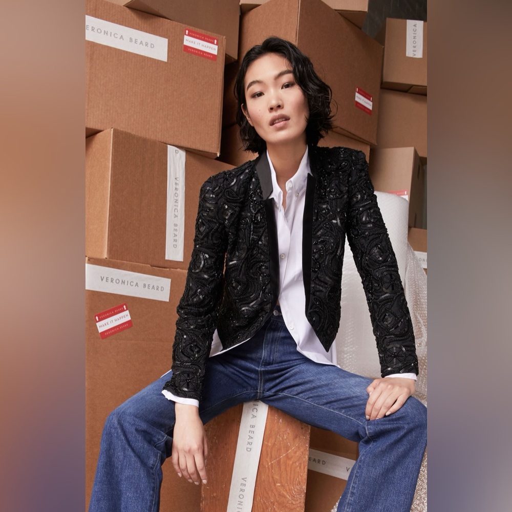 NWT $1398 Veronica Beard Delony Embellished Cotton Jacket In Black